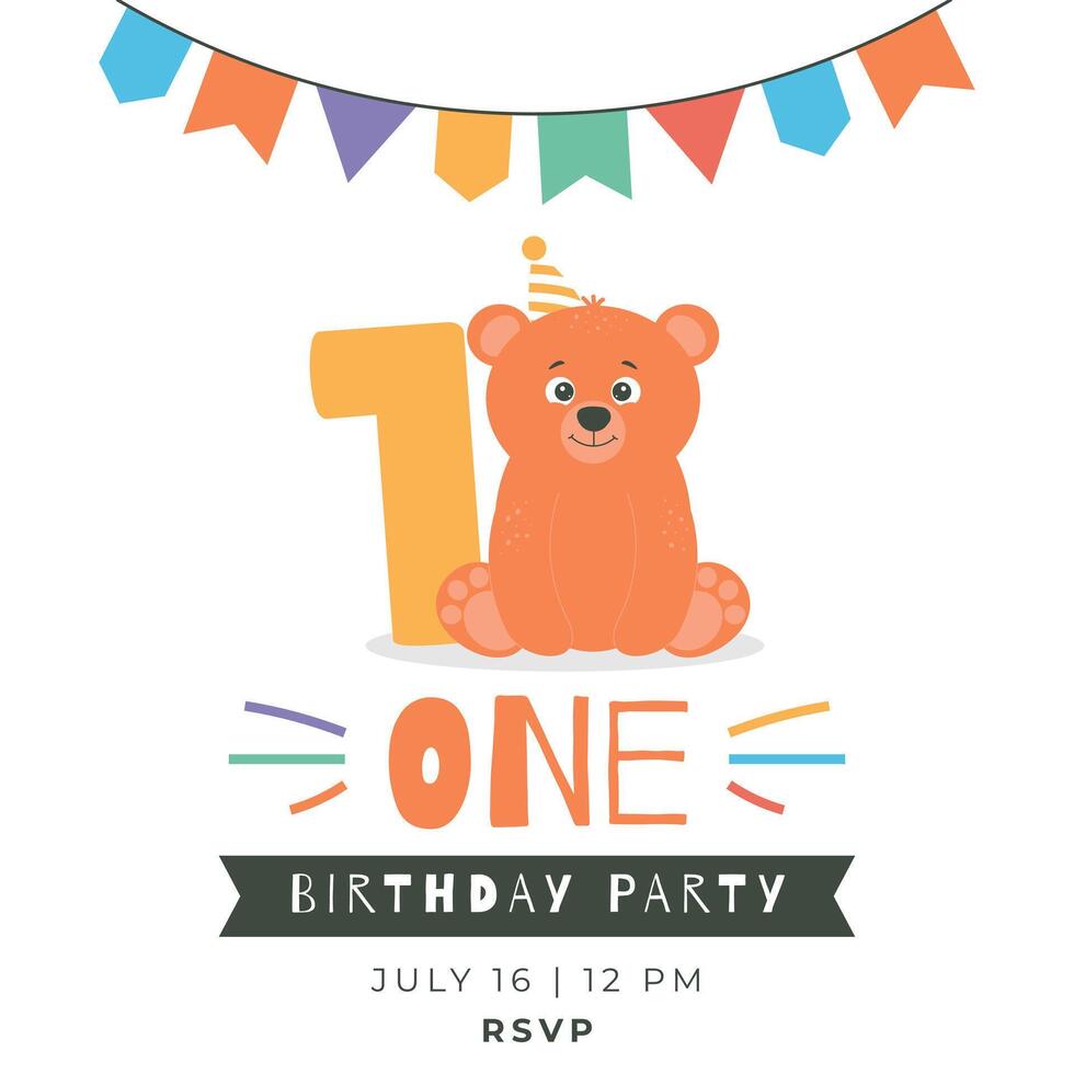 Greeting and invitation card for kids first Birthday party. Cute baby bear and number 1 in flat childrens style. illustration, design for card, poster, event vector