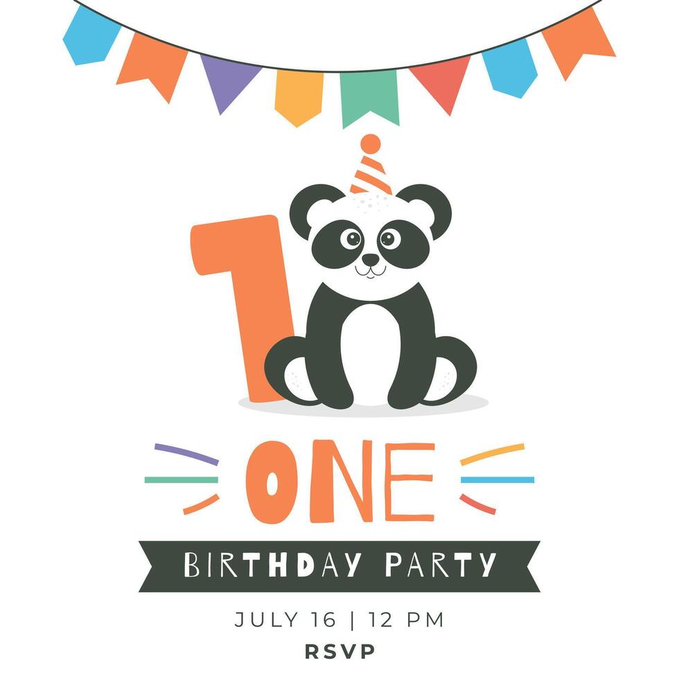Greeting and invitation for first Birthday party. Cute baby panda and number 1 in flat childrens style. illustration, design for card, poster, event vector