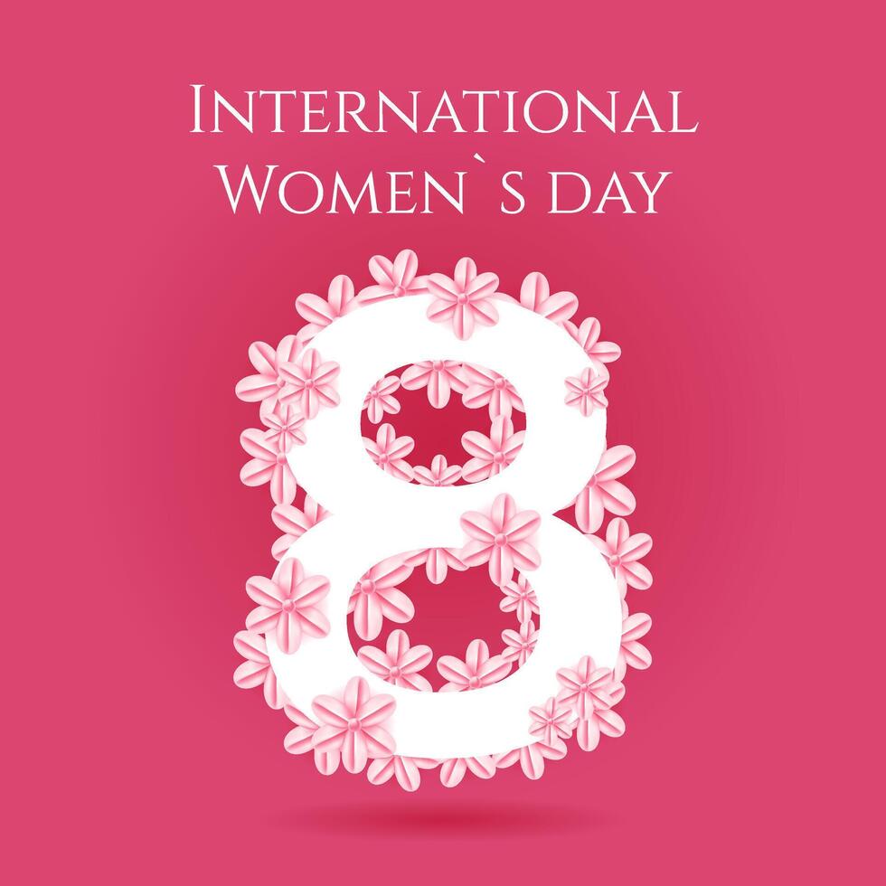 International Womens day greeting card. Number 8 and flowers in pink colors. Holiday concept. Flat illustration vector
