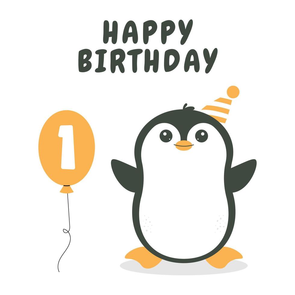 Greeting and invitation card for kids Happy Birthday. Cute baby animal penguin and balloon with number one in flat childrens style. illustration, design for card, poster, event vector