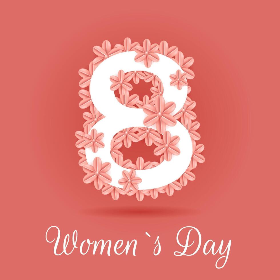 Womens day greeting card. Number 8 and flowers. International holiday concept. Flat illustration vector