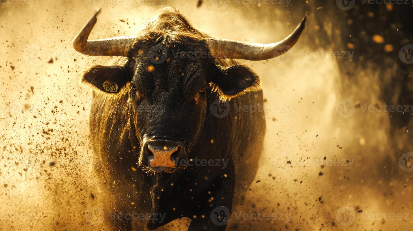 Bull charging through a cloud of dust during an outdoor event in a rural setting at sunset photo