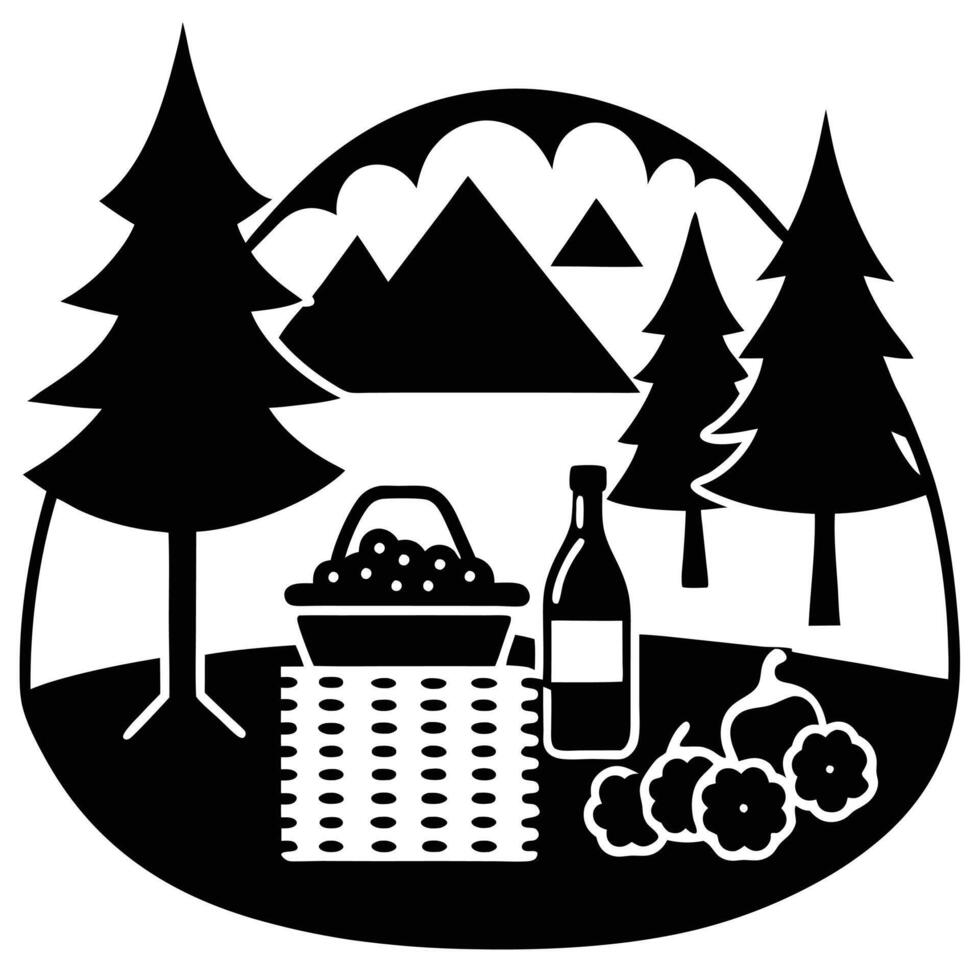 Picnic Scene Silhouette Illustration on White canvas vector