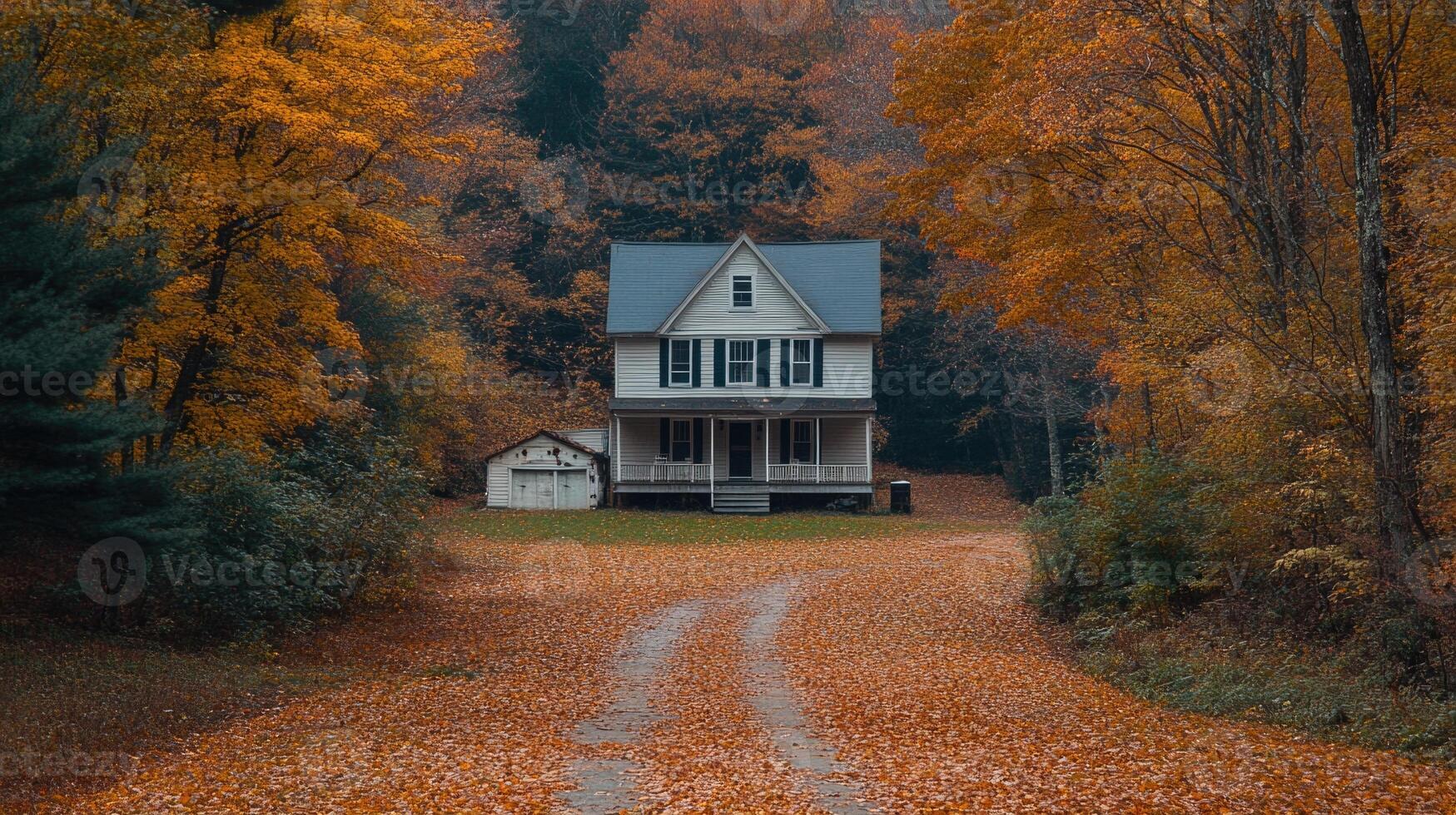 Charming house surrounded by vibrant autumn foliage on a winding path in a serene rural setting photo