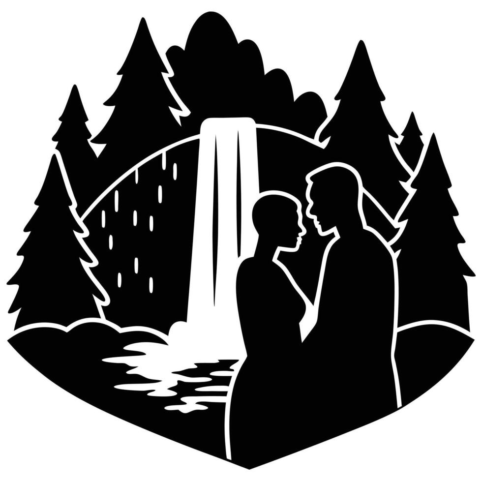 Romantic Couple Silhouetted at Waterfall Embracing Love vector