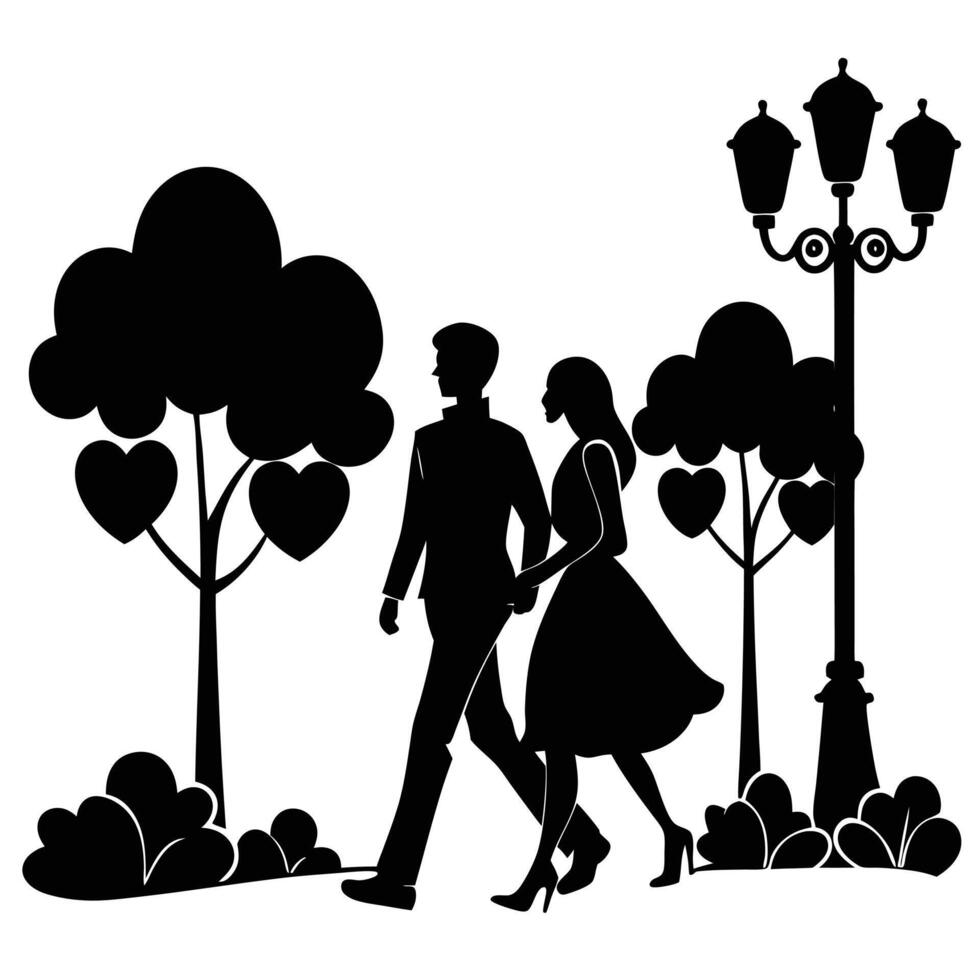 Romantic Walk in the Park Silhouette on White vector