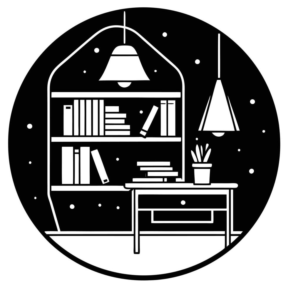 Cozy Home Workspace Silhouette with Books desk chair freelance vector