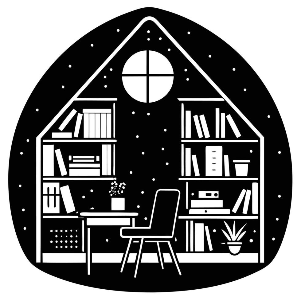 Serene Home Office Retreat with Books and Reading Nook workspace vector