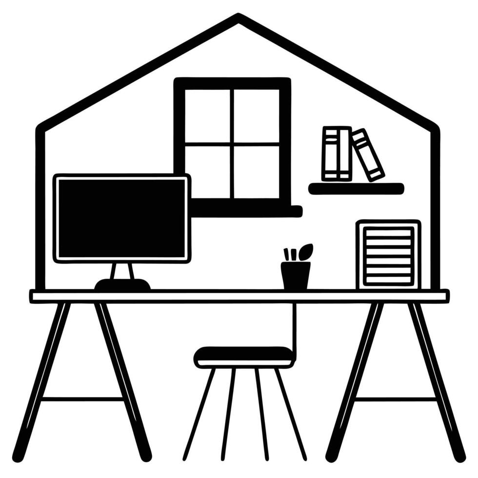 Monochrome Minimalist Office Workspace with Whiteboard Silhouette vector