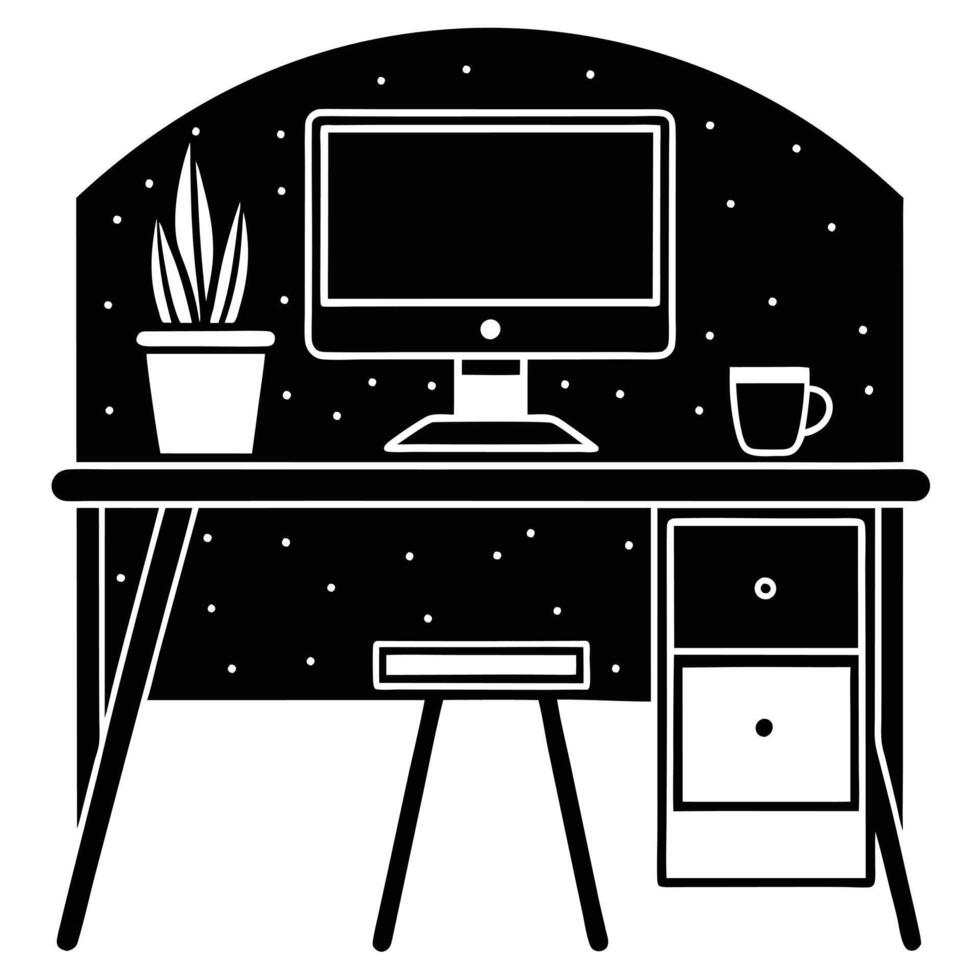 Workplace with Computer, Coffee, and Note on White Background mug desk vector