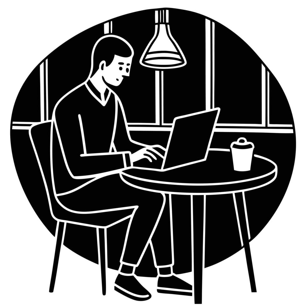 Freelancer with Laptop Silhouetted on White vector