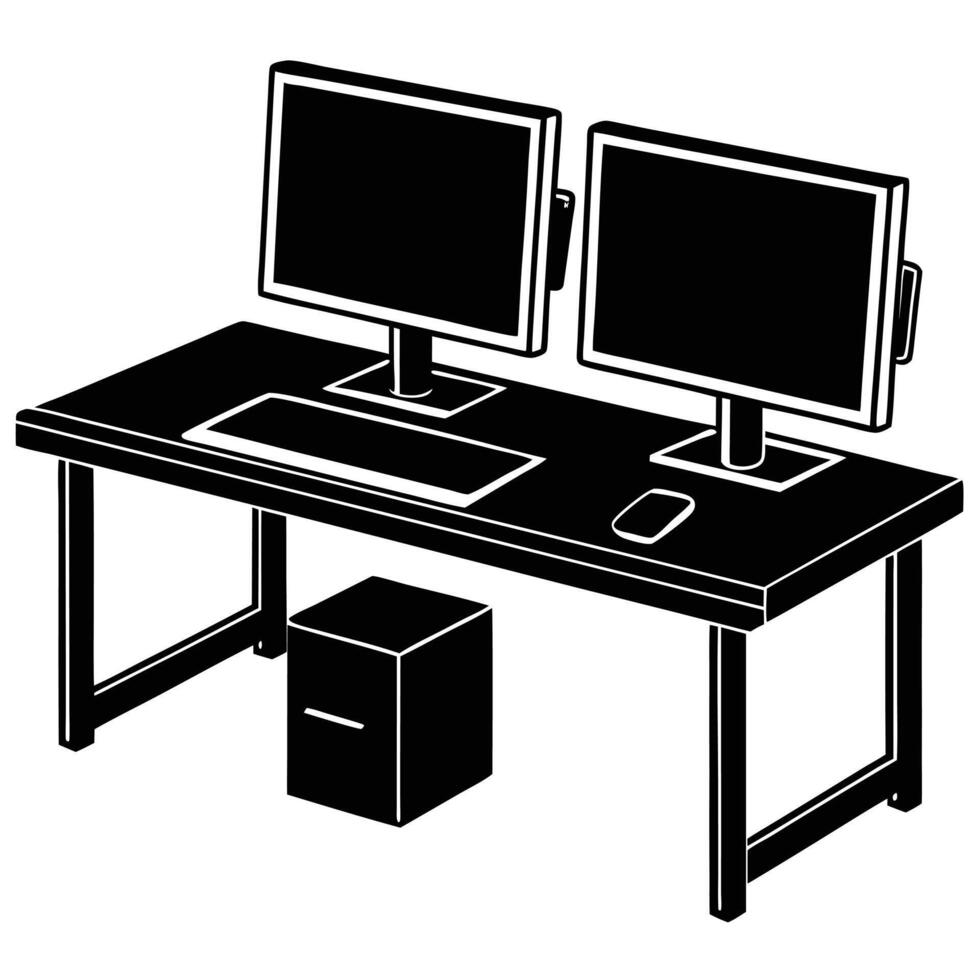 Sleek Home Office Setup with Dual Monitors and Keyboard Silhouette vector