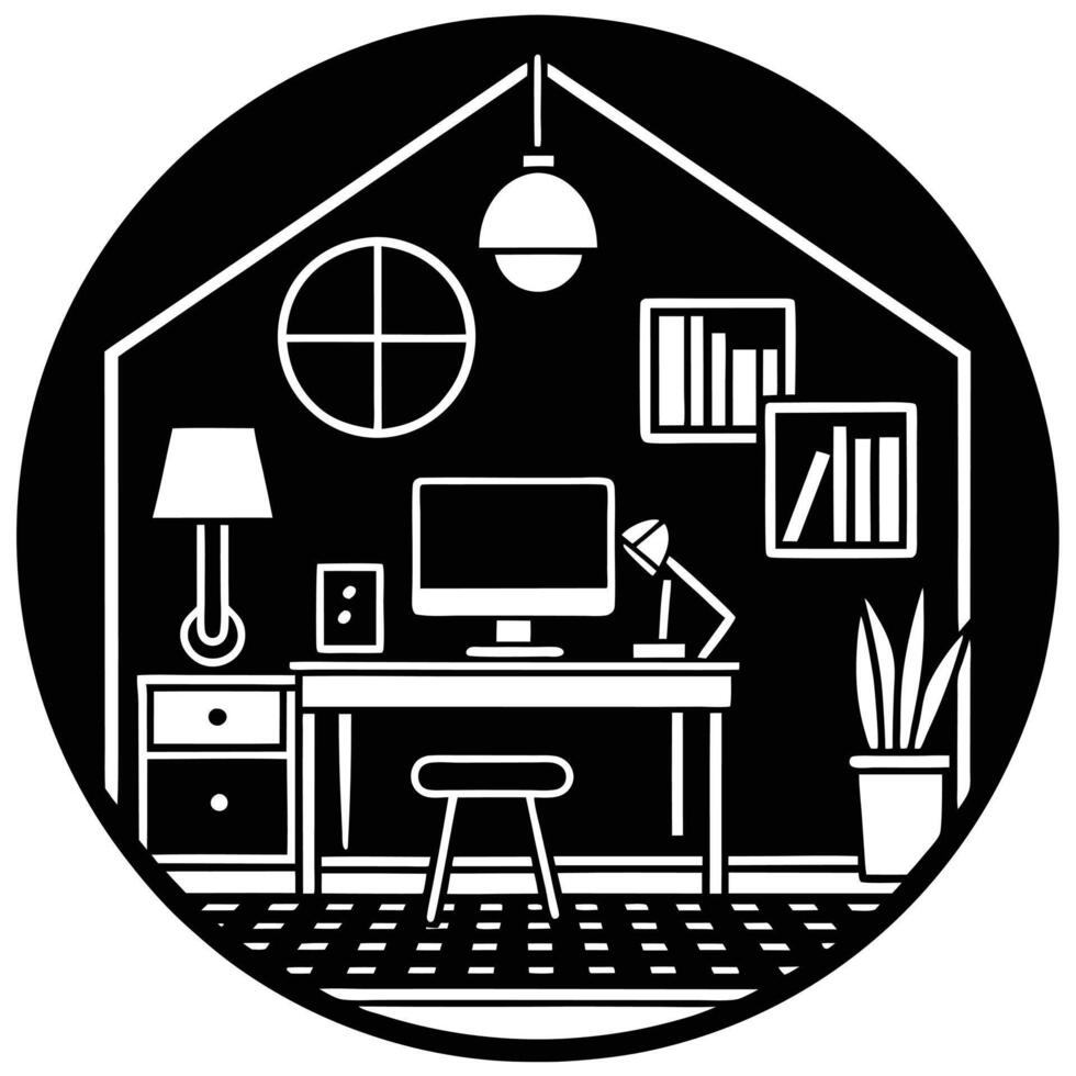 Home Office Serenity, A Vibrant and Modern Silhouette desk wall tidy vector