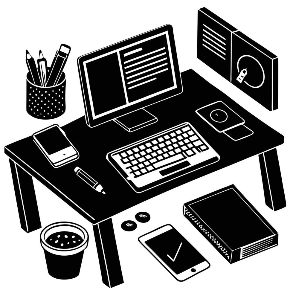 Workspace Silhouette with Tech Gadgets and To-Do List desk laptop vector