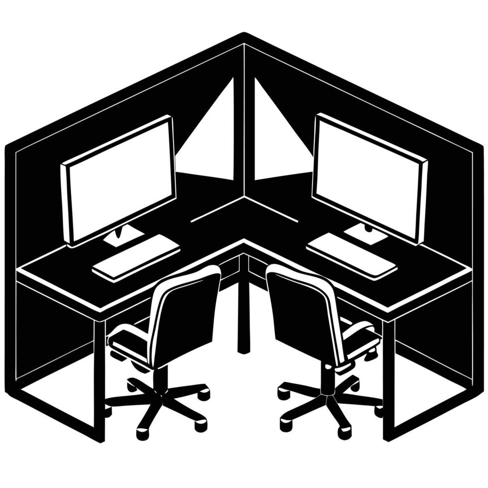Sleek and Serene Home Office Setup with Dual Monitors desk white chair vector