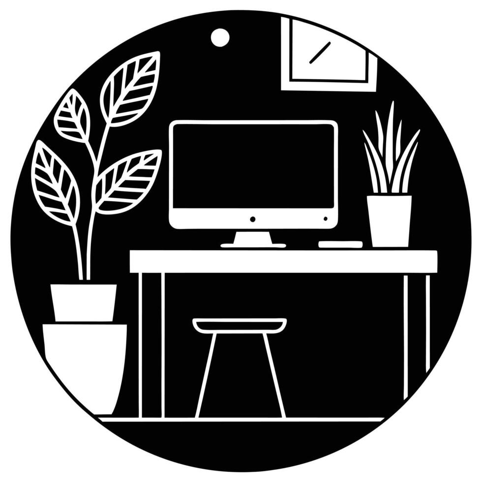 Minimalist Workspace with Computer and Houseplants desk office simple vector