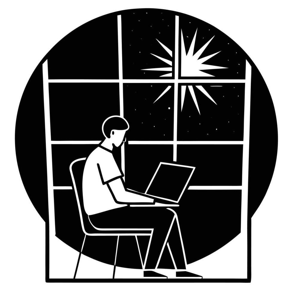 Tranquil Silhouette of a Remote Worker Gazing through a Sun-Drenched vector