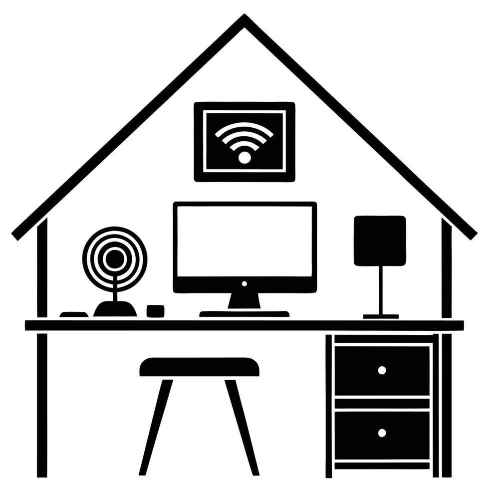 Modern Home Office Workspace Silhouette on White Desk Chair Smart Clean vector
