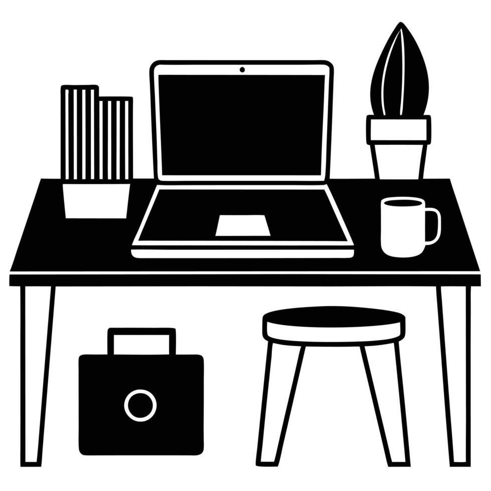 Laptop Desk Setup Silhouetted on White vector