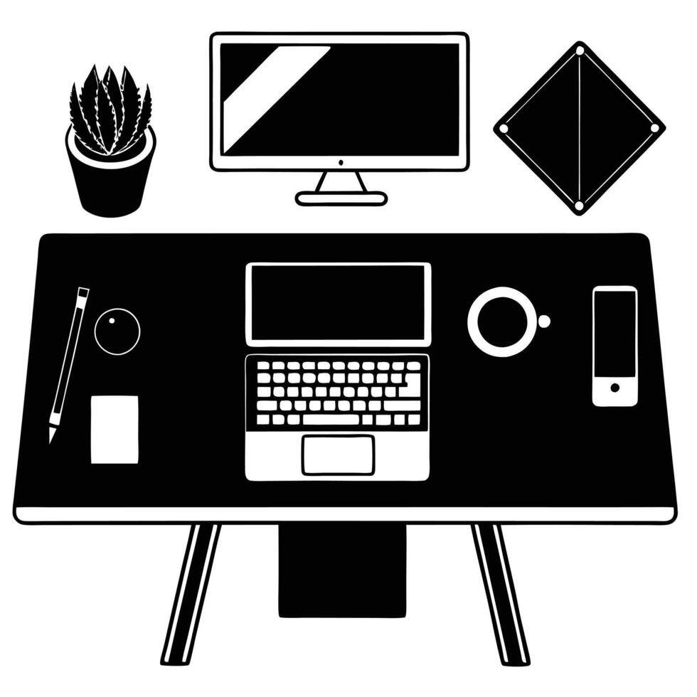 Top View Home Office Desk Silhouette vector