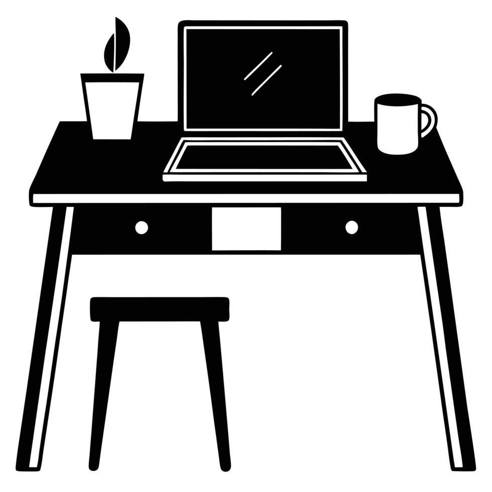 Minimal Home Workspace Desk with Laptop and Drink Silhouette clean vector