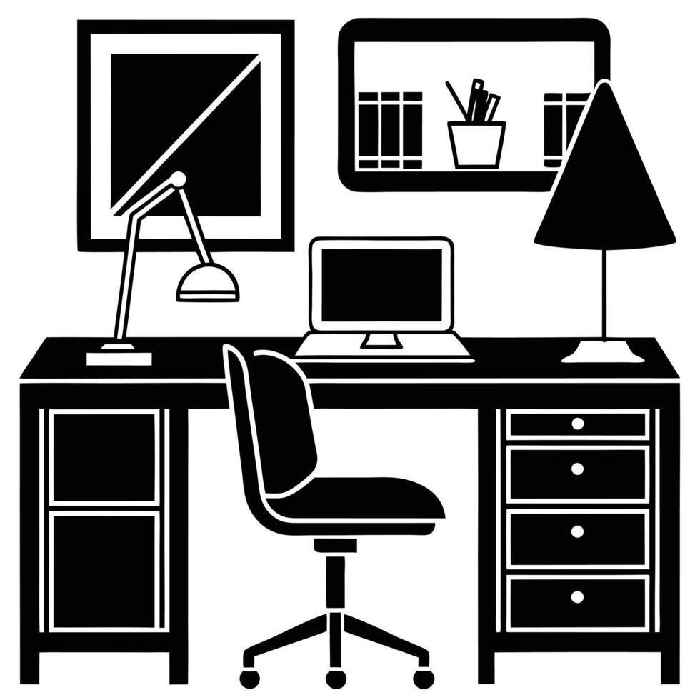 Tidy Home Office Desk Chair Silhouette Simplicity airy clean style vector