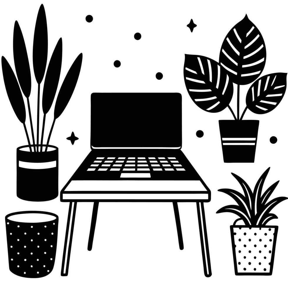 Workstation with Laptop and Decorative Plants desk desk area home space vector