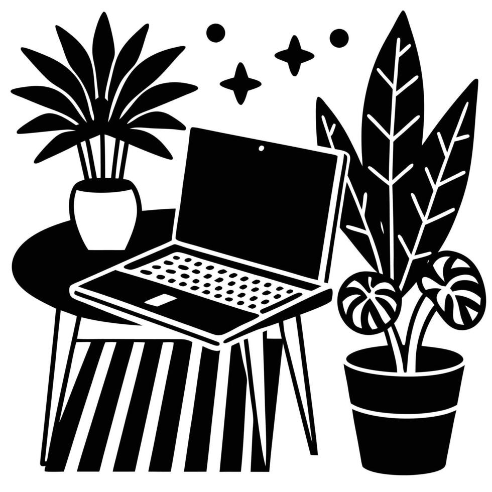 Laptop Workspace Silhouette on White Background vector