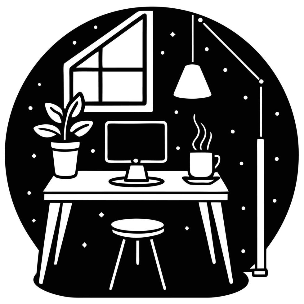 Tranquil Workspace with Tea, Cozy Silhouette on White calm home serene vector