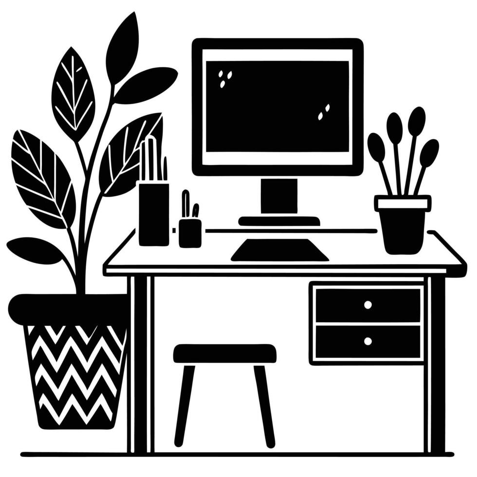 Workspace with Computer and Plants Silhouette vector