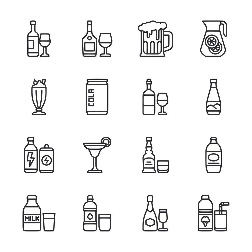 Set of alcohol icons including bottles, glasses, and cups vector