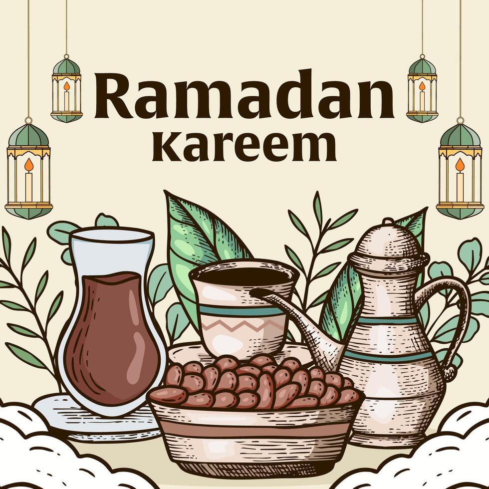 hand drawn ramadan kareem illustration with food and drink and lantern vector