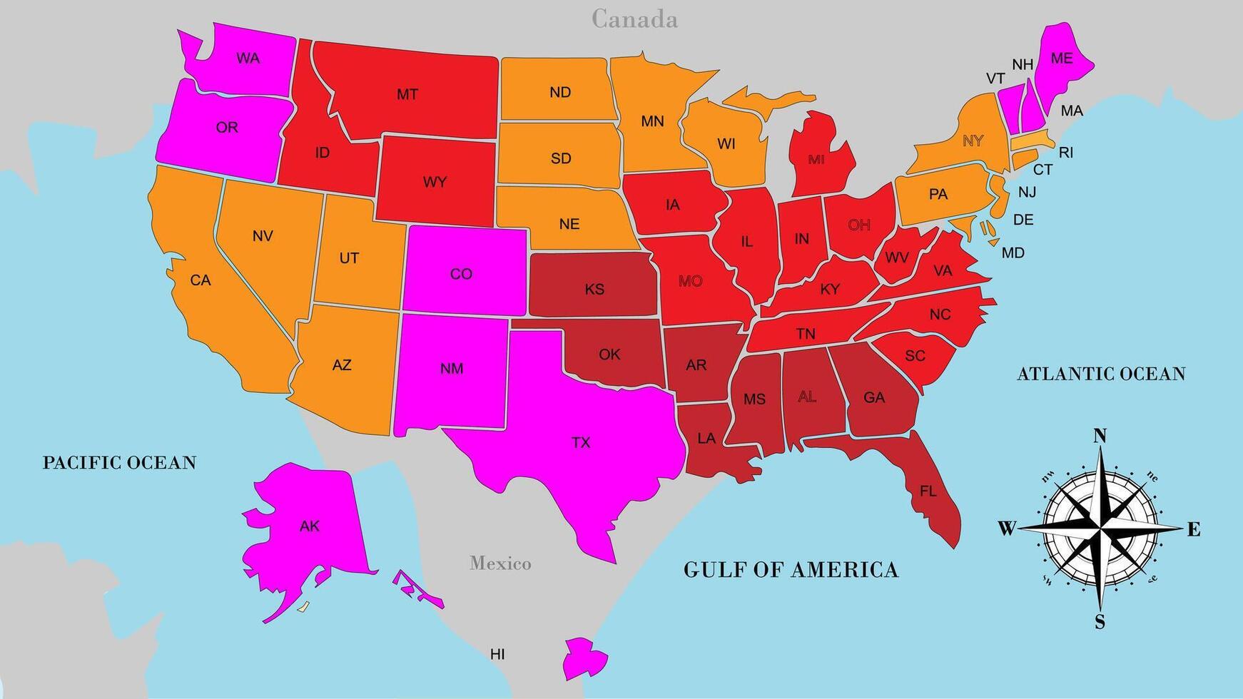the usa map shows the states with red and orange vector