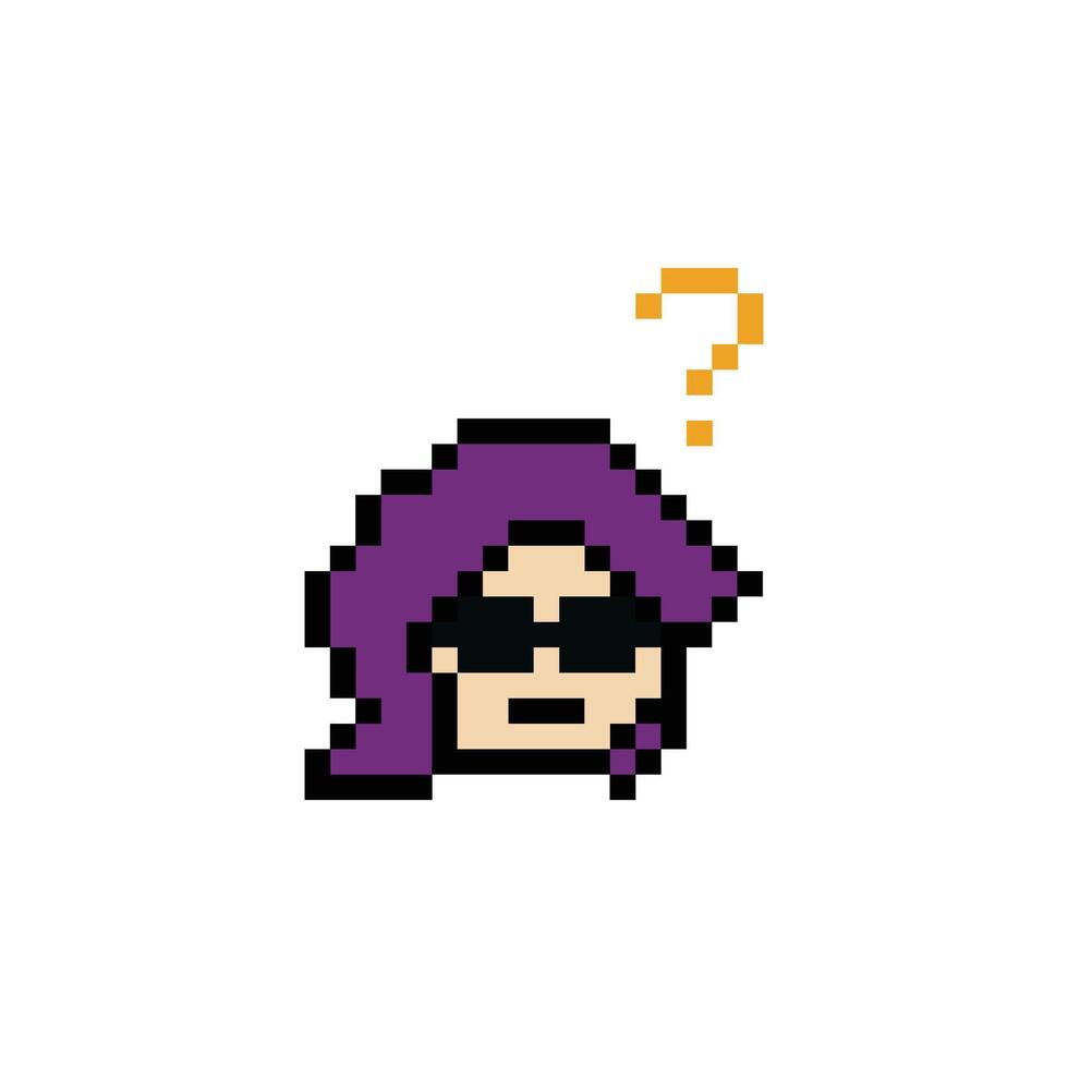 Face character cartoon pixel of girl female woman or lady and question mark 8 bit art. vector