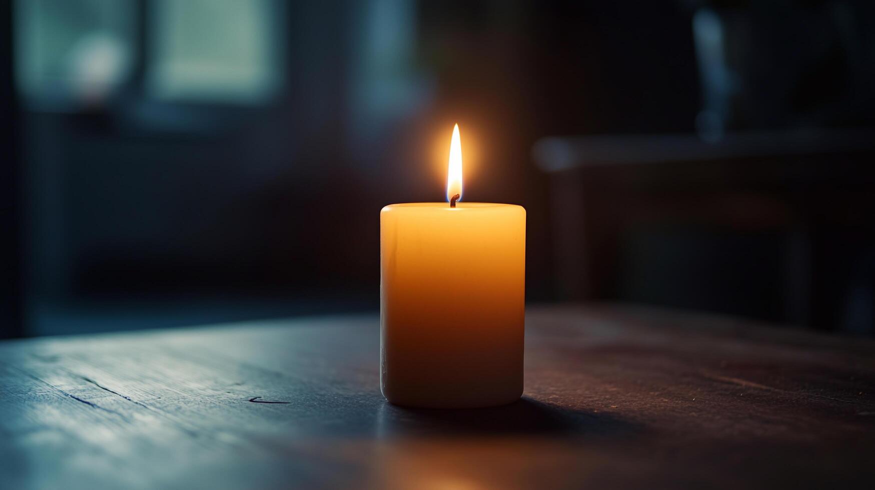 A single candle is lit on a table photo