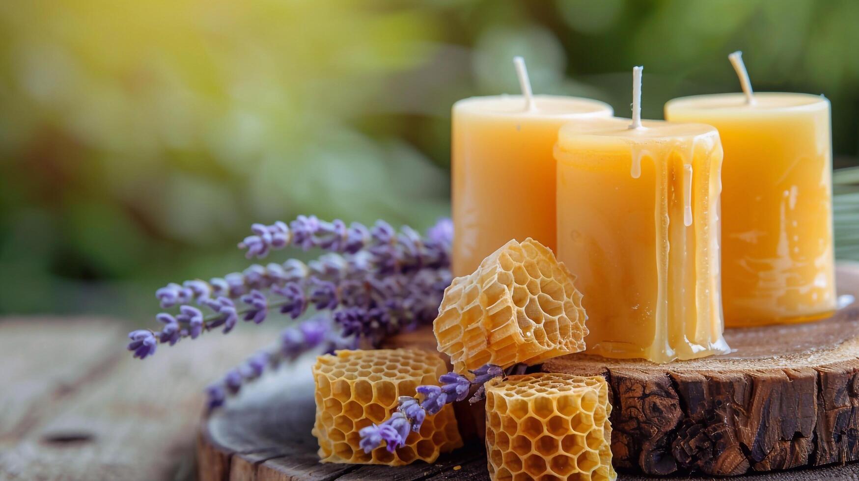 Candles with honey and lavender on a wooden table photo