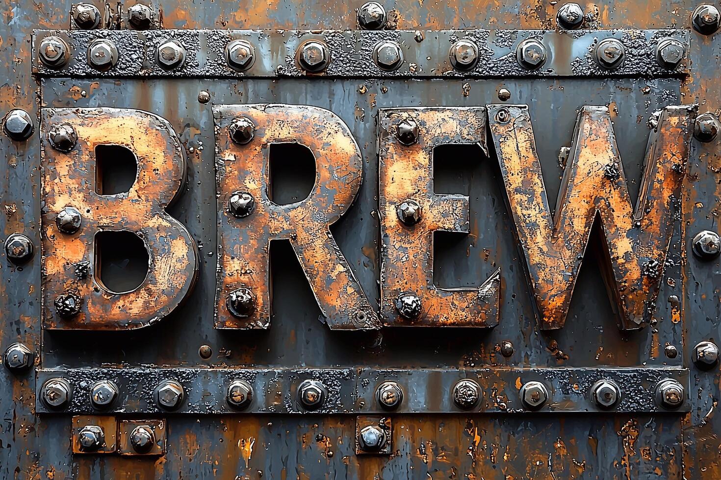 The word brew is painted on a rusty metal wall photo