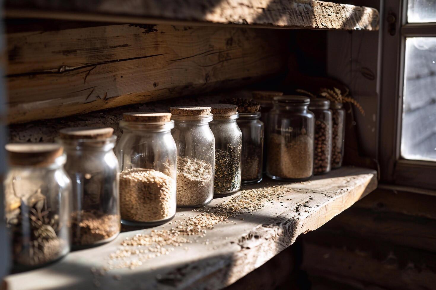 A shelf with jars of spices and herbs photo
