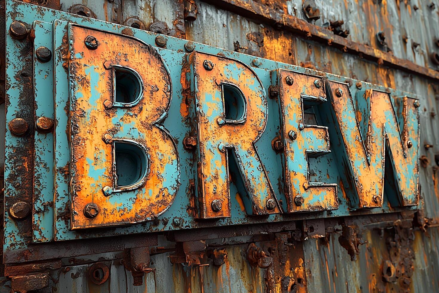A rusty sign that says brew photo