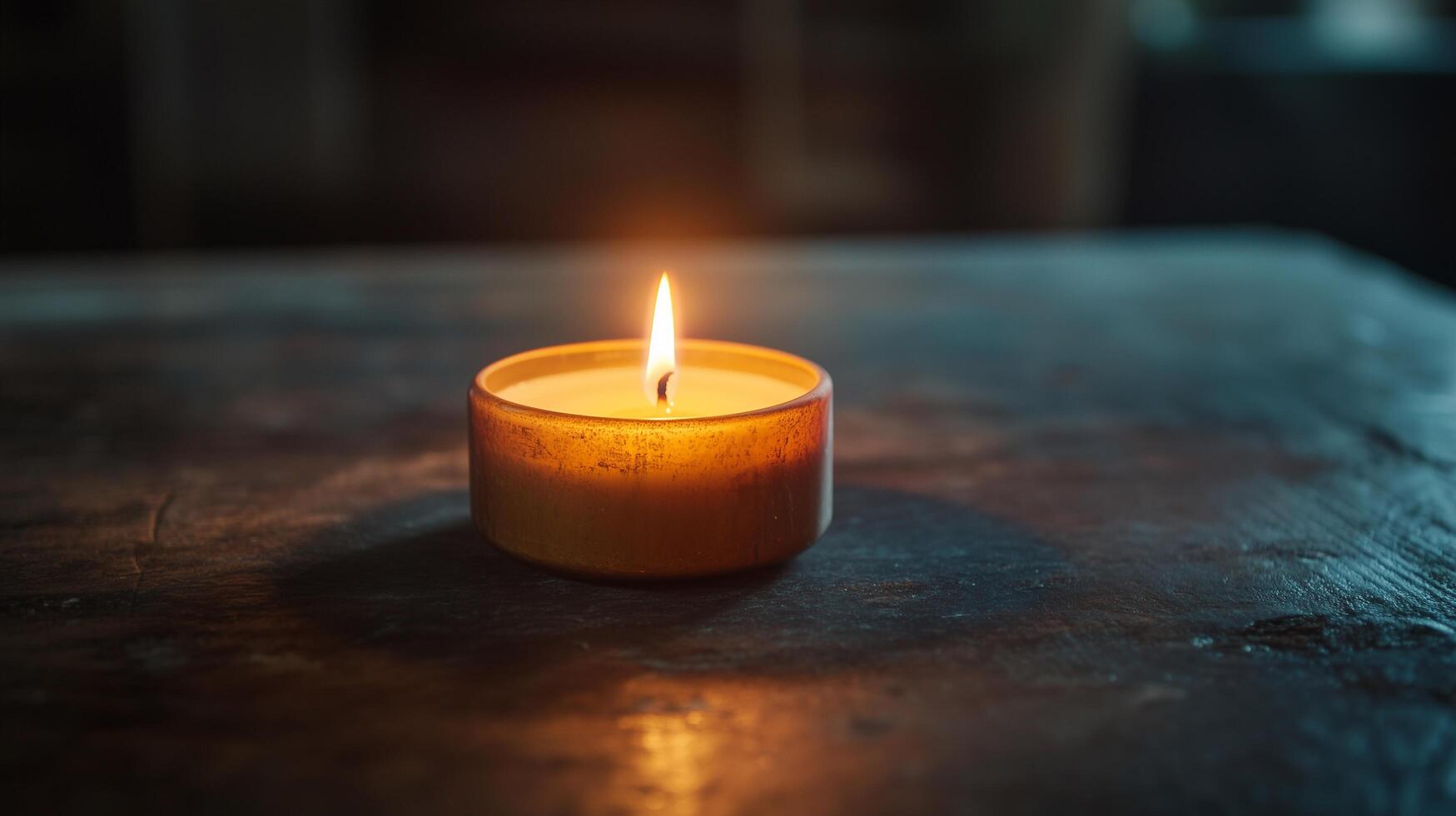 A candle is lit on a wooden table photo