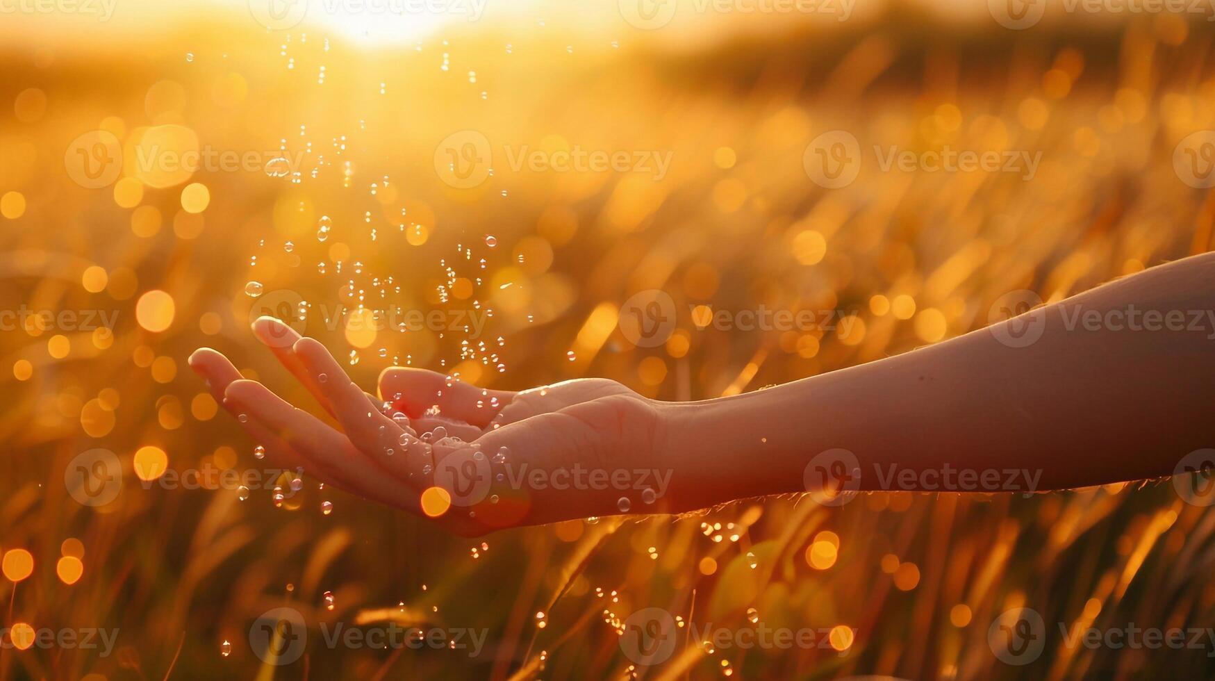 Hand Releasing Soap Bubbles into Golden Sunset with Prismatic Colors photo