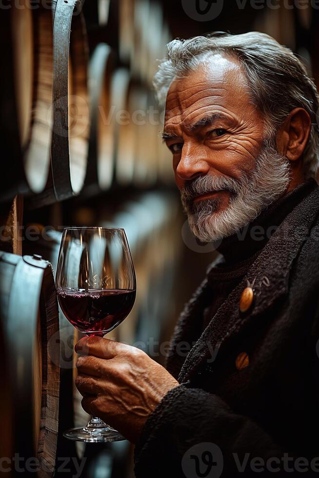 A man holding a glass of wine in front of a barrel photo