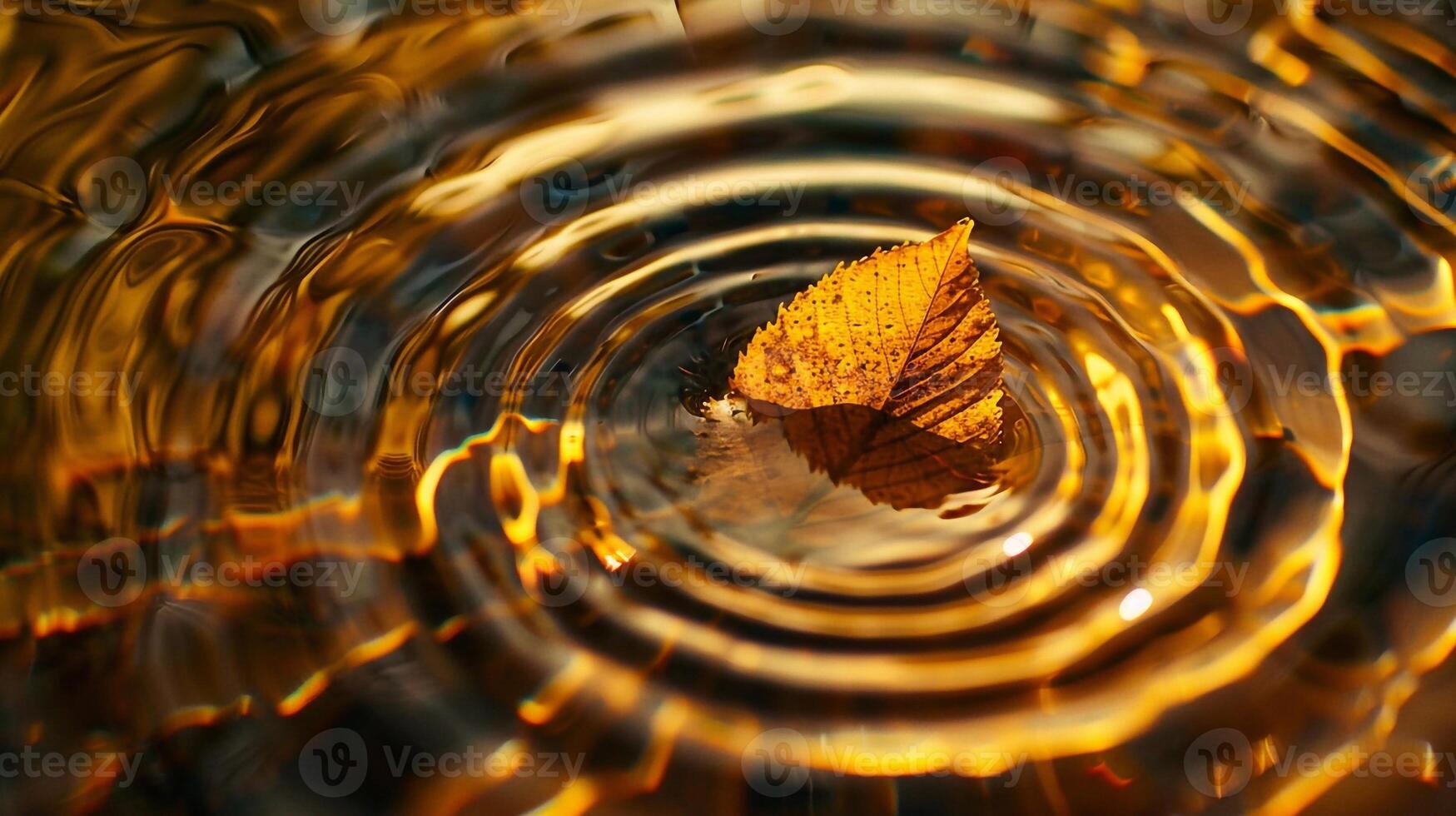 Shallow Pool Water Ripples and Autumn Leaf with Golden Reflections photo