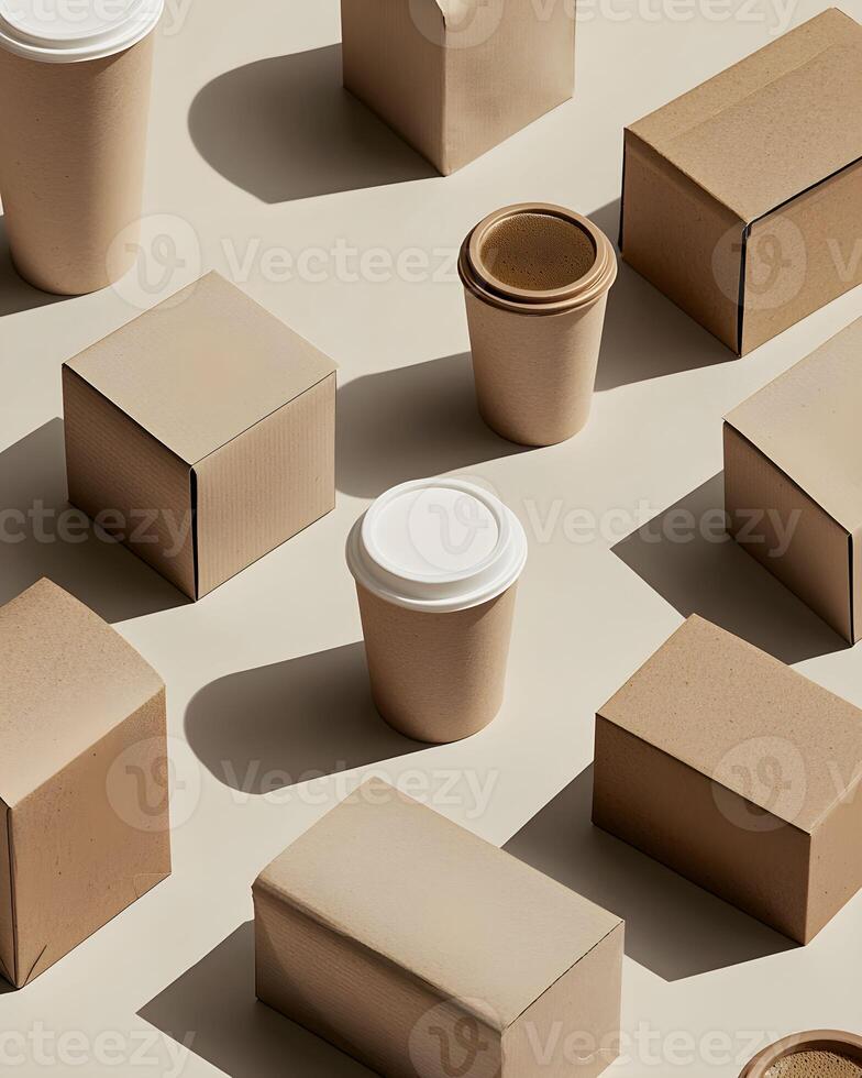 Many different types of cardboard boxes and cups photo