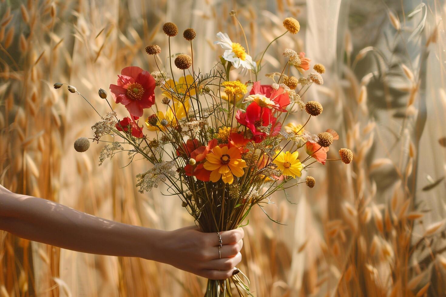 A person holding a bouquet of flowers in front of a field photo