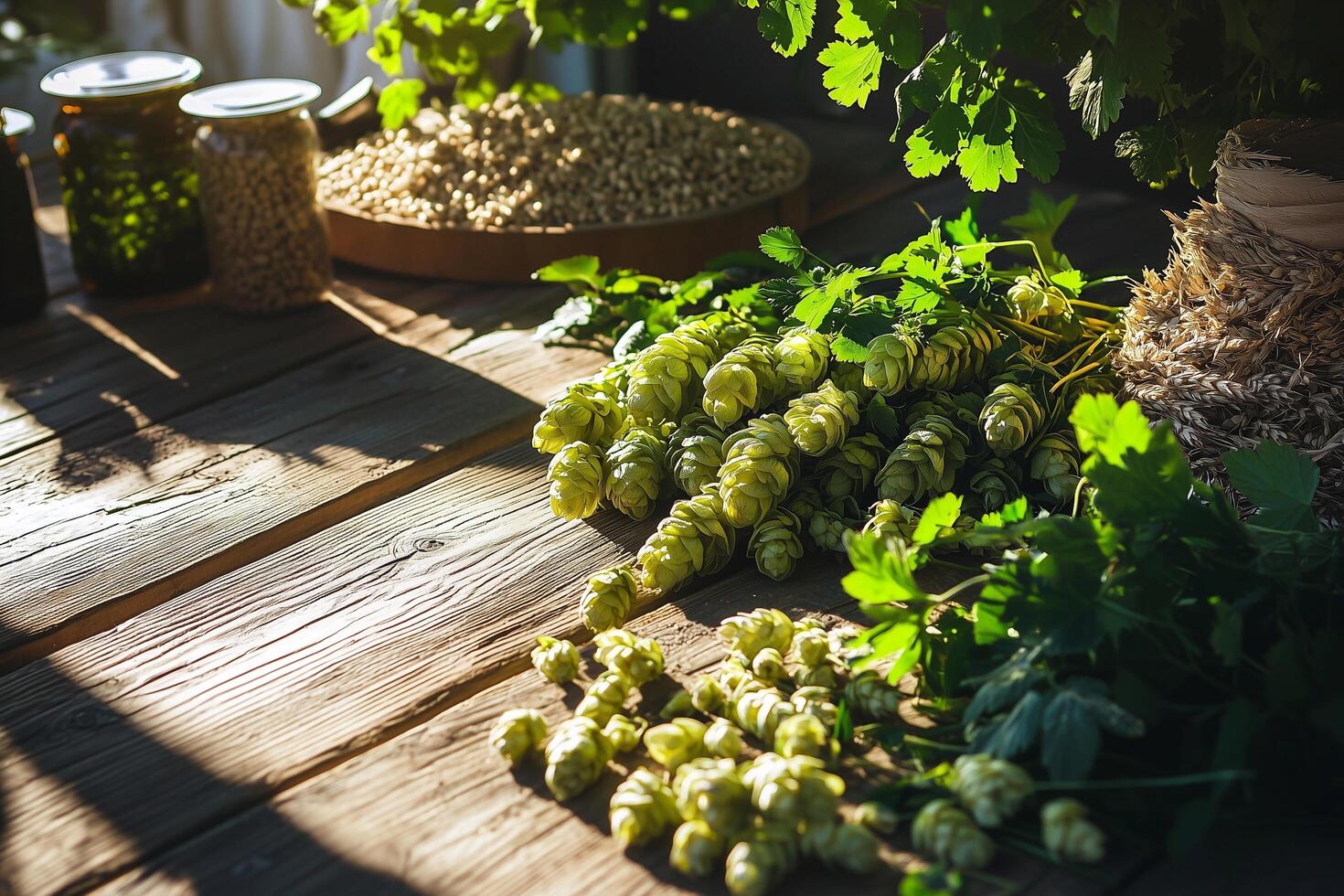 Hops and grains on a wooden table photo