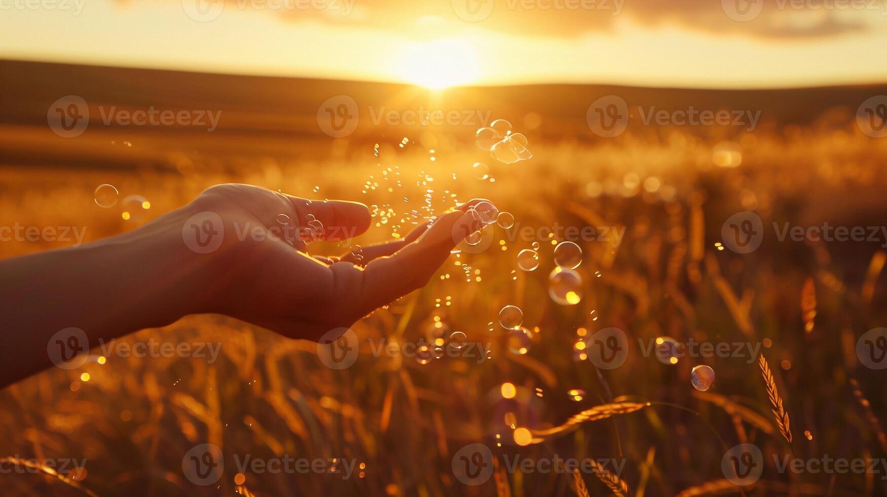 Soap Bubbles Floating in Sunset with Hand and Blurred Grass Background photo