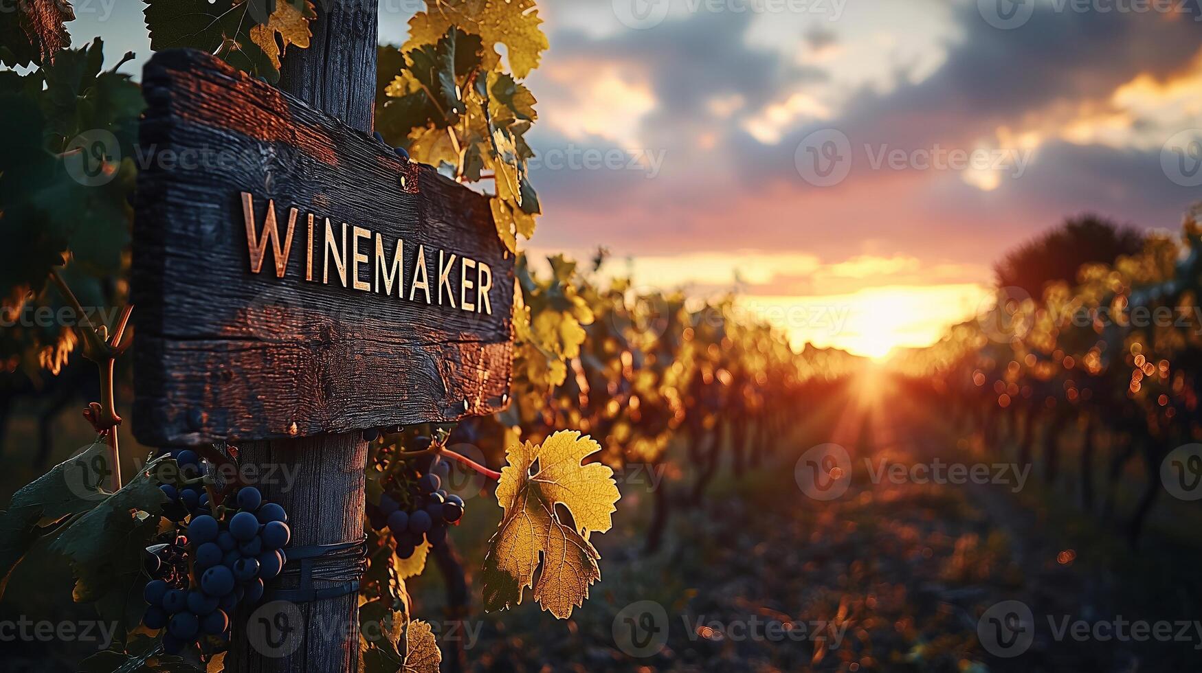 A sign that says winemaker in front of a vineyard photo
