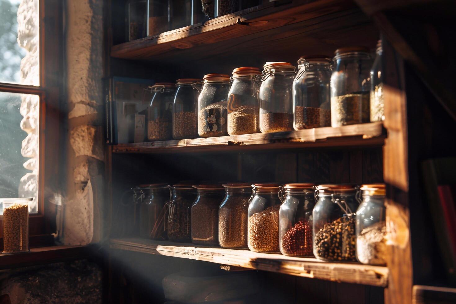 A shelf filled with jars of spices and herbs photo