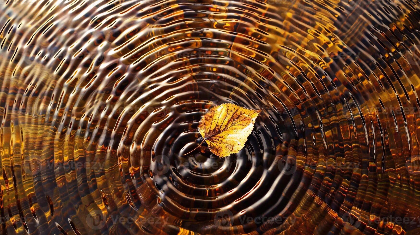 Concentric Water Ripples in Shallow Pool with Floating Autumn Leaf photo